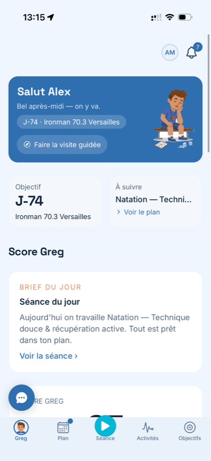 L'application UpGreg sur iPhone : le brief du jour de Greg et la séance à venir