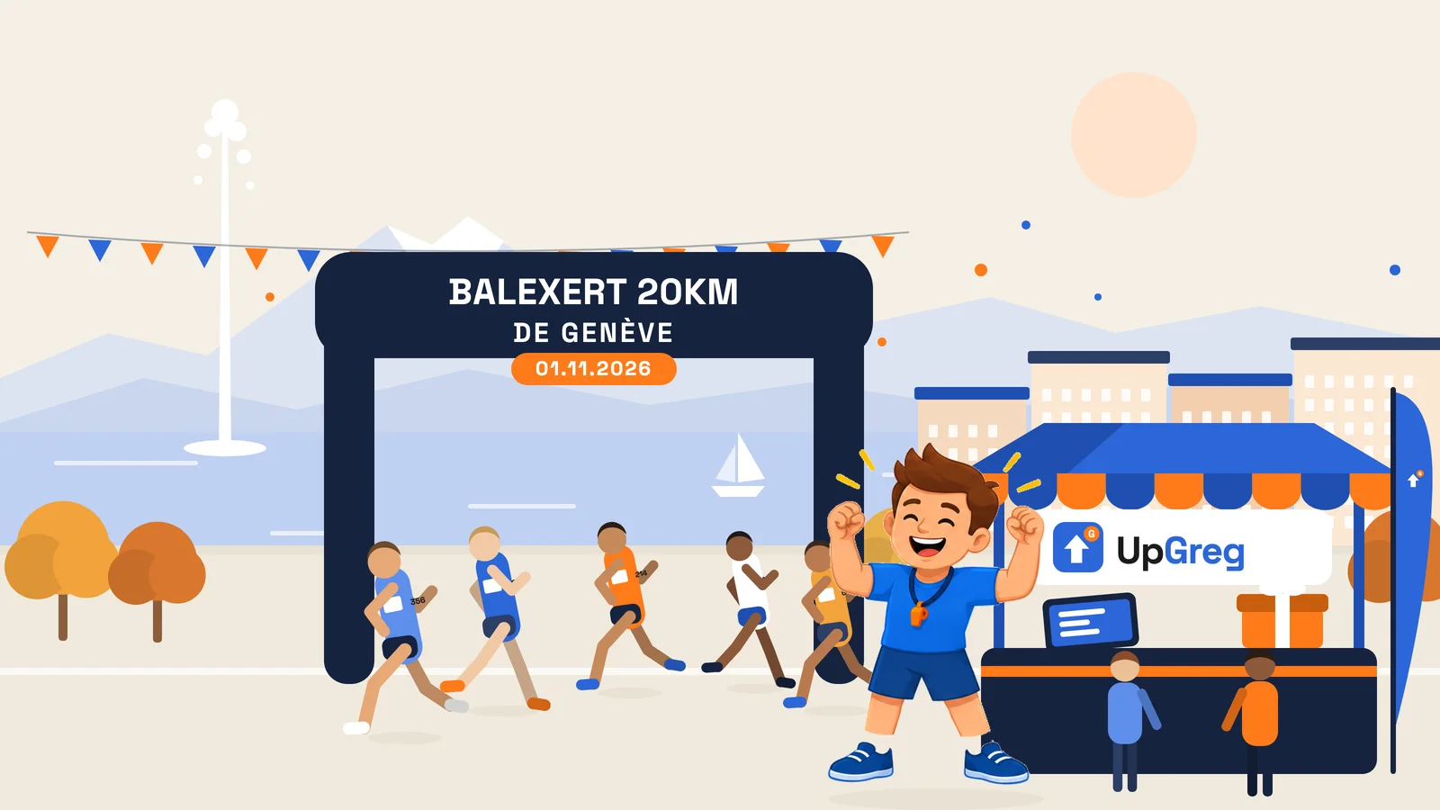 Arche du Balexert 20km de Genève le 1er novembre 2026, coureurs au bord du Léman, et Greg, le coach IA d'UpGreg, devant le stand UpGreg