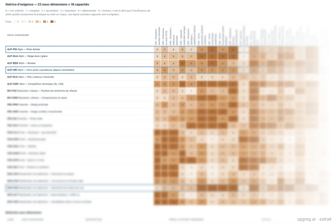 Demand matrix: 23 ski sub-dimensions crossed with 18 physical qualities, rated 0 to 5